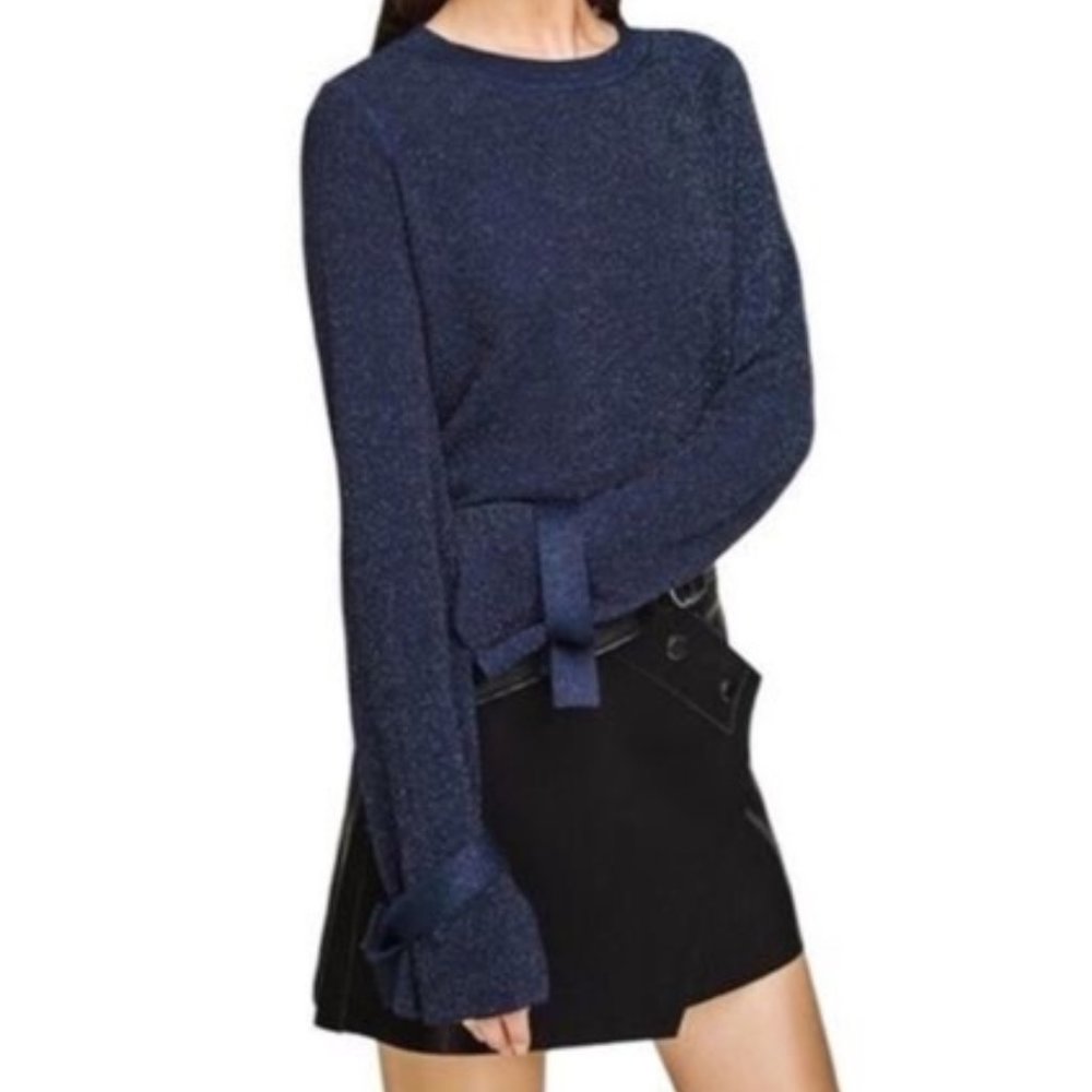 Sz S White + Warren Navy Shine Tie Cuff Sleeve Sweater